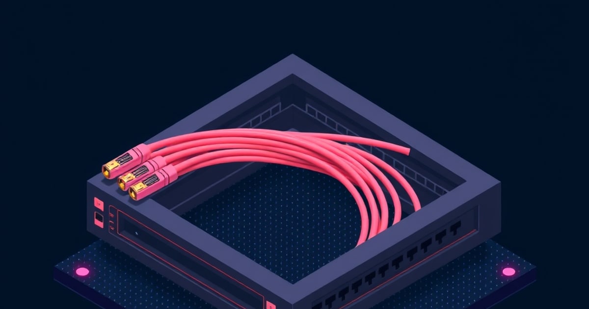 Flat isometric illustration of five pink cables with gold RJ45 plugs curving out of a dark open tray set on a switch chassis with a row of ports.