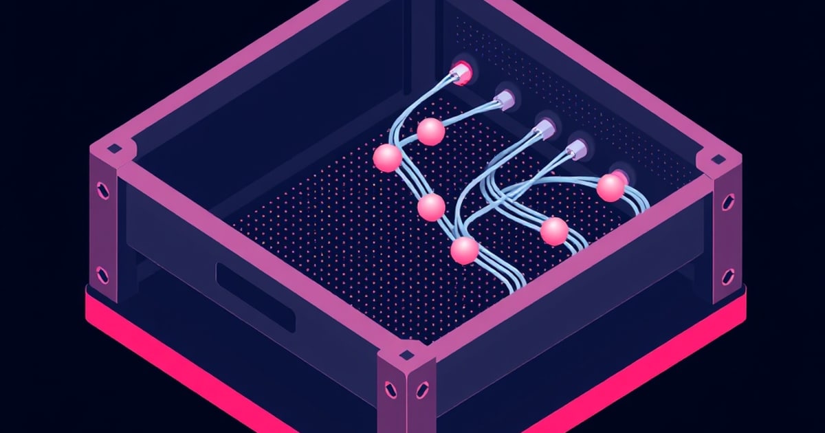 Flat isometric illustration of a pink-framed open tray holding pale blue cable runs threaded past glowing pink spheres over a dotted dark floor.