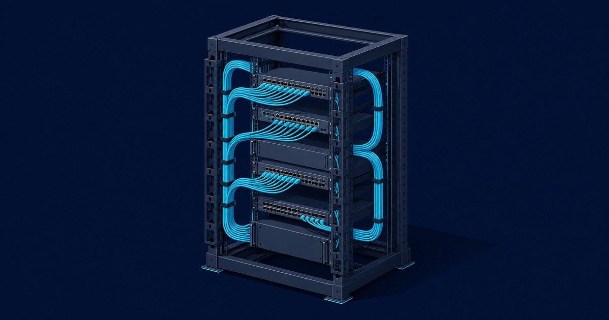 A black server rack holds stacked network switches linked by neatly routed cyan cables against a dark navy background.